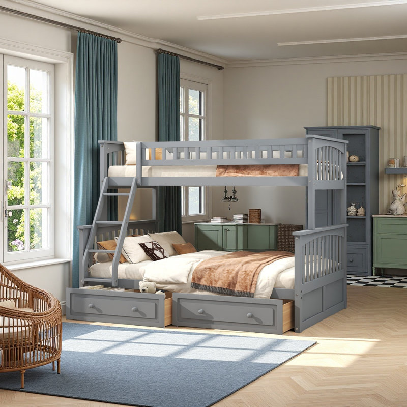 Lit simple superposé au dessus d'un lit double avec tiroirs de rangement, gris