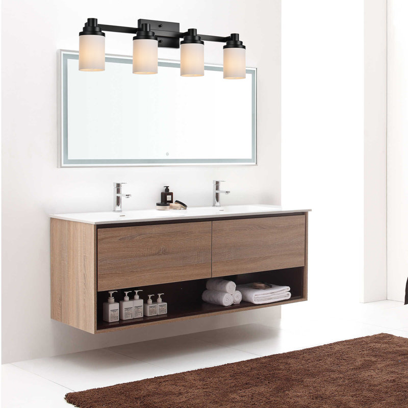 Luminaires de salle de bain 4 lumières au-dessus d'un miroir, lumières de meuble-lavabo noires pour appliques murales de salle de bain avec abat-jour en verre blanc laiteux, douille E26 (ampoules non incluses)