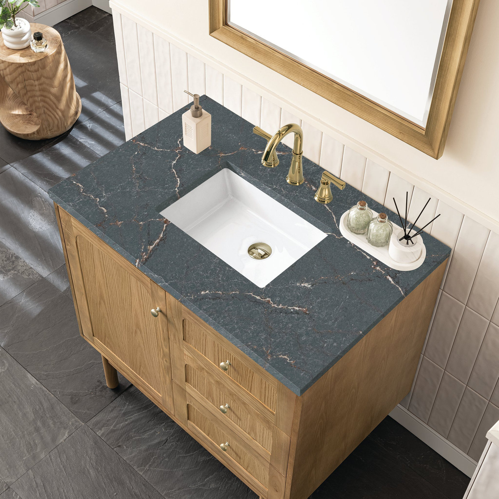 Laurent 36'' W Single Vanity, Parisien Bleu, 8" Widespread, Light Natural Oak