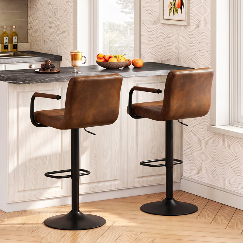  High Back Faux Leather Adjustable Swivel Counter Bar Stools, Yellowish Brown