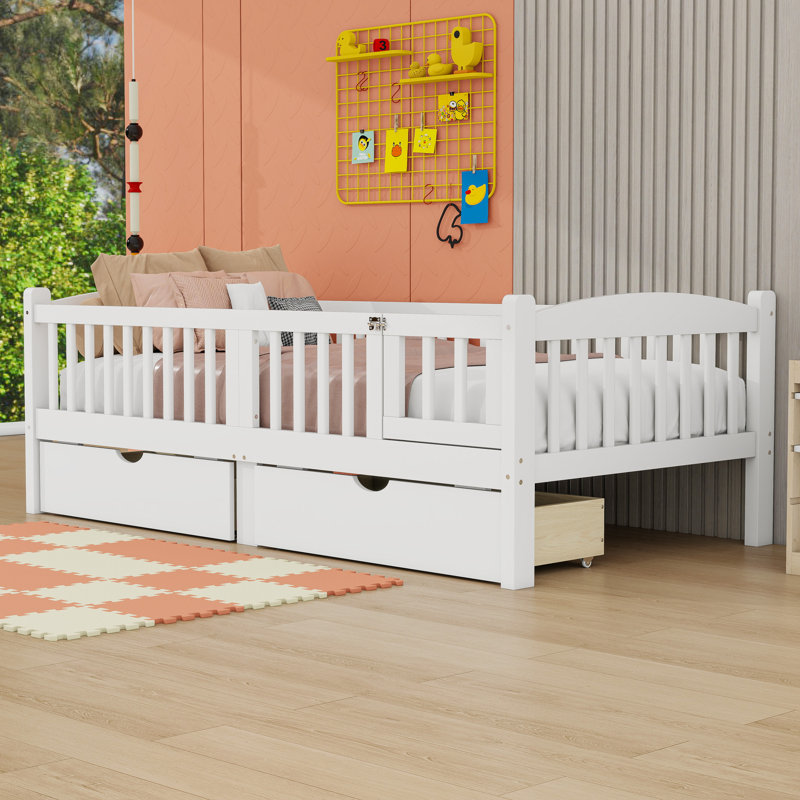 Lit plateforme en bois avec tiroirs de rangement intégrés et garde-corps pleine longueur, Lit simple, Blanc