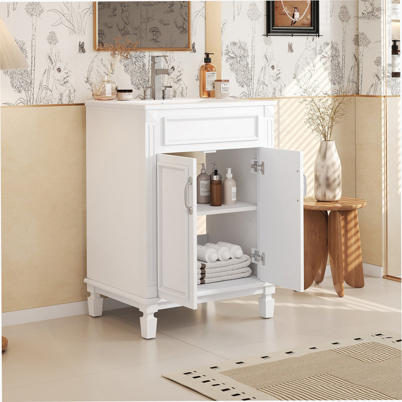 Meuble-lavabo 24 po avec lavabo supérieur, armoire de rangement moderne avec 2 portes à fermeture douce et tablette réglable, structure en bois massif