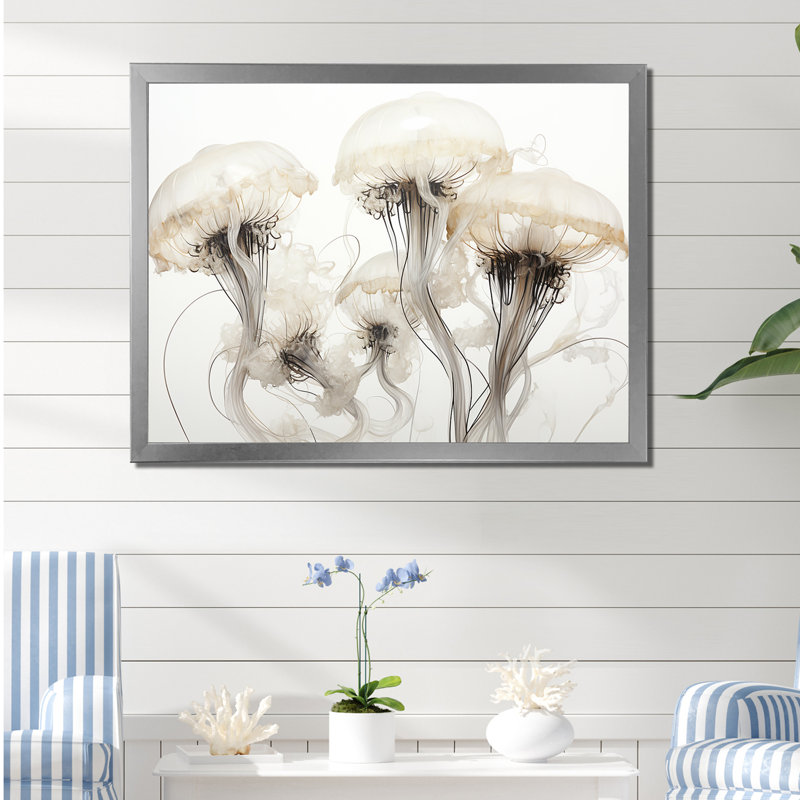 Minimalisme blanc méduse rêve II sur toile, Cadre simple argenté, H 24 po x l 32 po x P 1 po