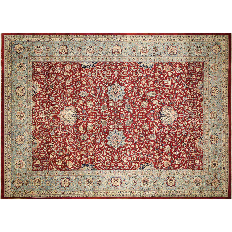 Tapis rouge / vert en laine noué à la main Lilliana, Rectangle 10 pi x 14 pi