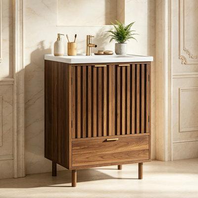 23.6" Single Sink Bathroom Vanity With White Ceramic Top, Freestanding Bathroom Storage Cabinet with Sink Top