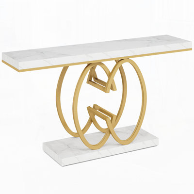 55" Faux Marble Console Table, Gold Geometric Entryway Table, Modern Narrow Sofa Accent Table for Living Room, Hallway, Foyer, White & Gold Finish