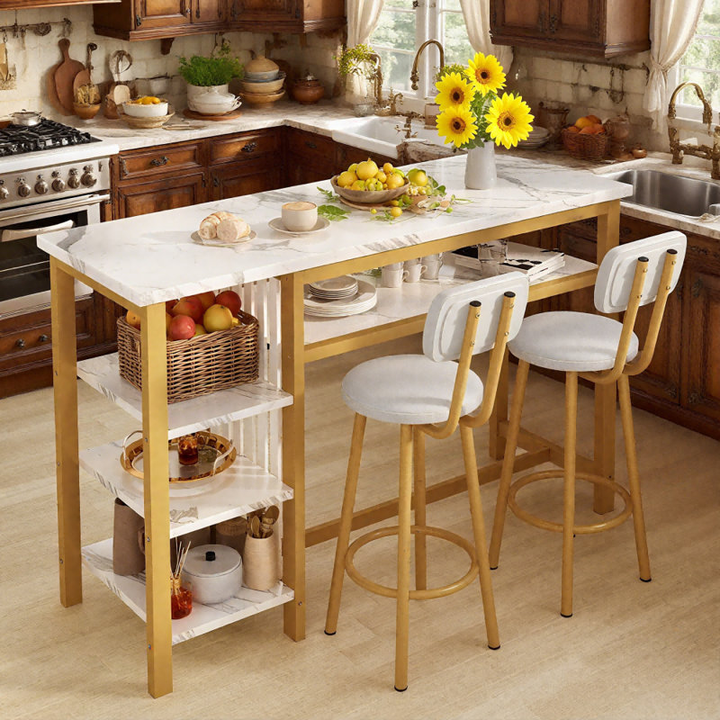 Bar Table Set For 2 With 4 Storage Shelves, 47" Modern Faux Marble Breakfast Table And 2 Upholstered  Counter Stools W/ Backrest And Footrest, 3-Piece Dining Set For 2, Space Saving Bar Height Table And Chairs For Kitchen,Dining Room, Living Room, Stud