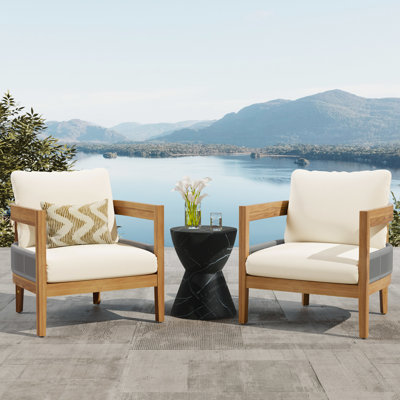 2 fauteuils de jardin - Résistants aux intempéries - Structure en bois - Coussins amovibles pour un entretien facile - Fauteuil club - 2 chaises avec assise à lattes - Eau incluse