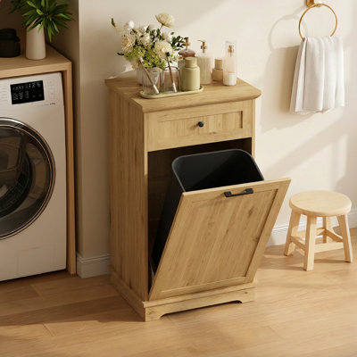 Meuble de poubelle basculant avec tiroir, support de poubelle dissimulé en bois, meuble de rangement pour poubelle de cuisine autoportant, solution de rangement pour poubelle dissimulée dans la cuisine ou la salle à manger