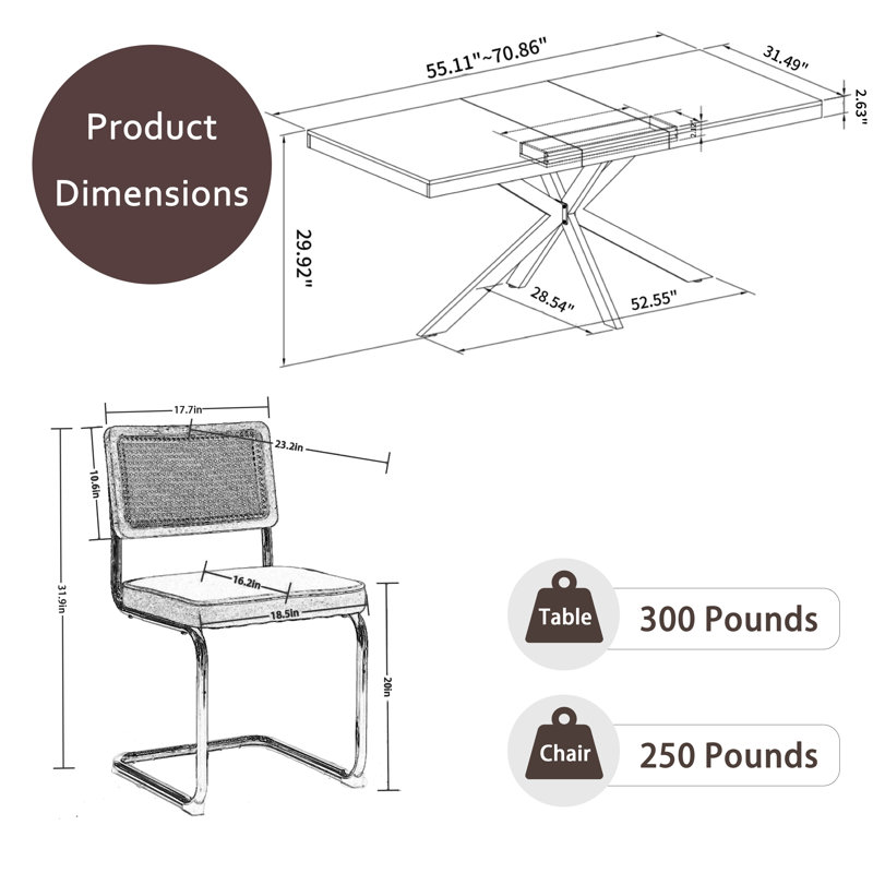 55.11-70.86in Rectangular Extendable Dining Table Set, 5 Pieces: Table, 4 Chairs, Green, Gray