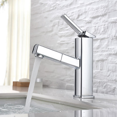 Robinet de salle de bain chromé à poignée simple avec douchette extractible
