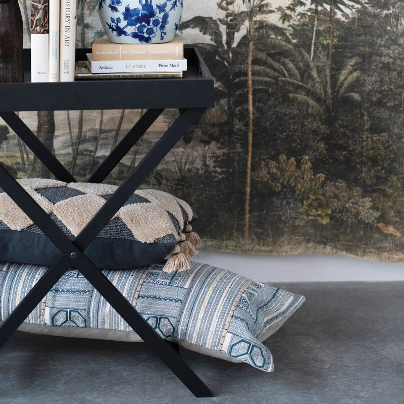Oversized Blue and Beige Cotton Embroidered Lumbar Pillow