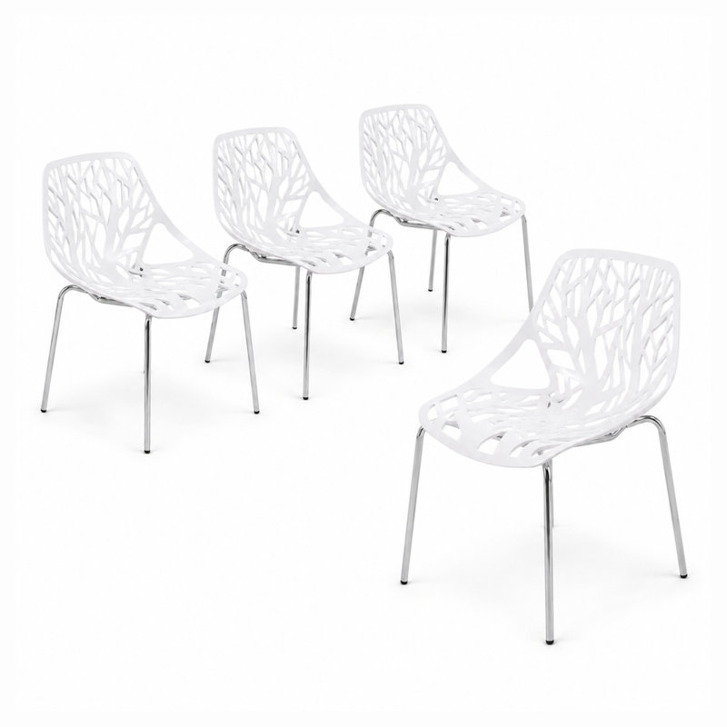 Chaise de salle à manger empilable Hadda avec dossier à découpes florales et pieds en acier inoxydable, blanc
