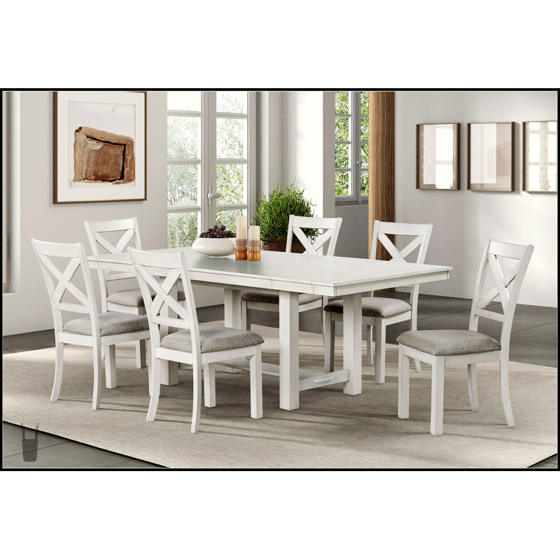 Ensemble de salle à manger contemporain 7 pièces avec table extensible en chêne blanc et 6 chaises confortables à dossier en croix