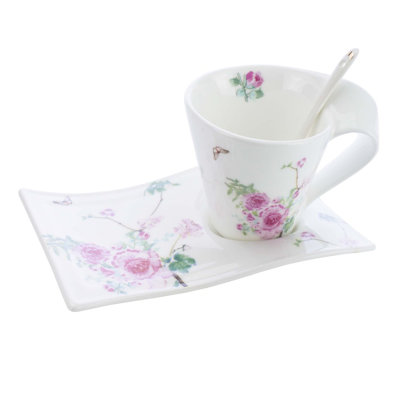 Ensemble de tasse à thé et soucoupes 3 pièces papillon avec fleurs roses Cavanaugh