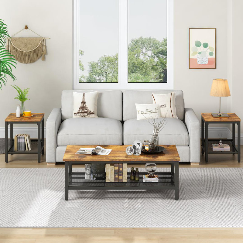 Living Room Table Set Of 3, Modern Coffee Table With Mdf Broad Tea Table & 2 End Side Tables, Space-saving Coffee Table Set With Metal Frame For Living Room, Small Space, Apartment, Bed Room