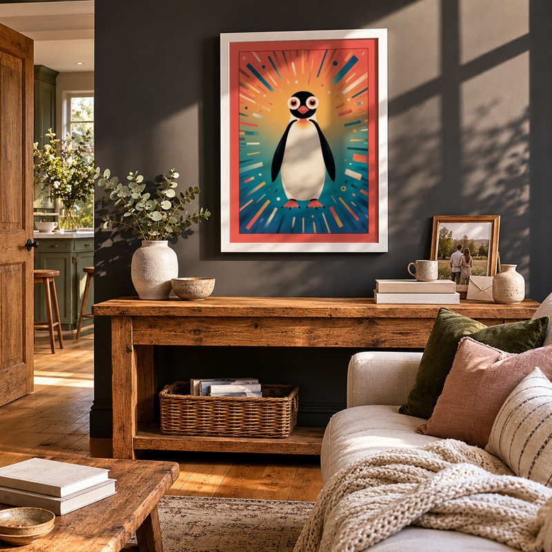 Sunburst Penguin Modern 1 Piece Single Picture Frame Wall Art, A3 - 42.0 x 29.7 cm, White