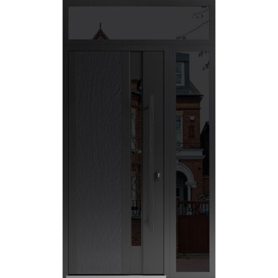 Façade avant en acier pré-suspendue / Dekton 0163 Ardesia Nero / Fenêtre extérieure latérale et supérieure Sidelite / Entrée en métal peint moderne l 36 + 12 po x H 80 + 16 po à gauche