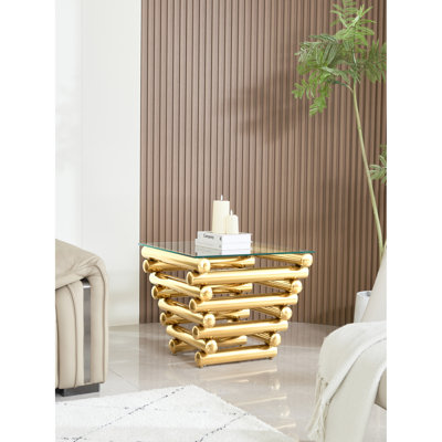 Table d'appoint carrée de 24 po en acier inoxydable, plateau en verre trempé transparent, style doré moderne, ajout au salon et bureau tendance, verre, beauté, exquis