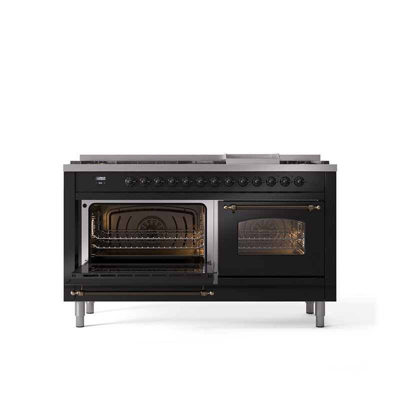ILVE Nostalgie II 60 Dual Fuel Range, 9 Burners, Griddle, Glossy Black/Bronze, Natural Gas