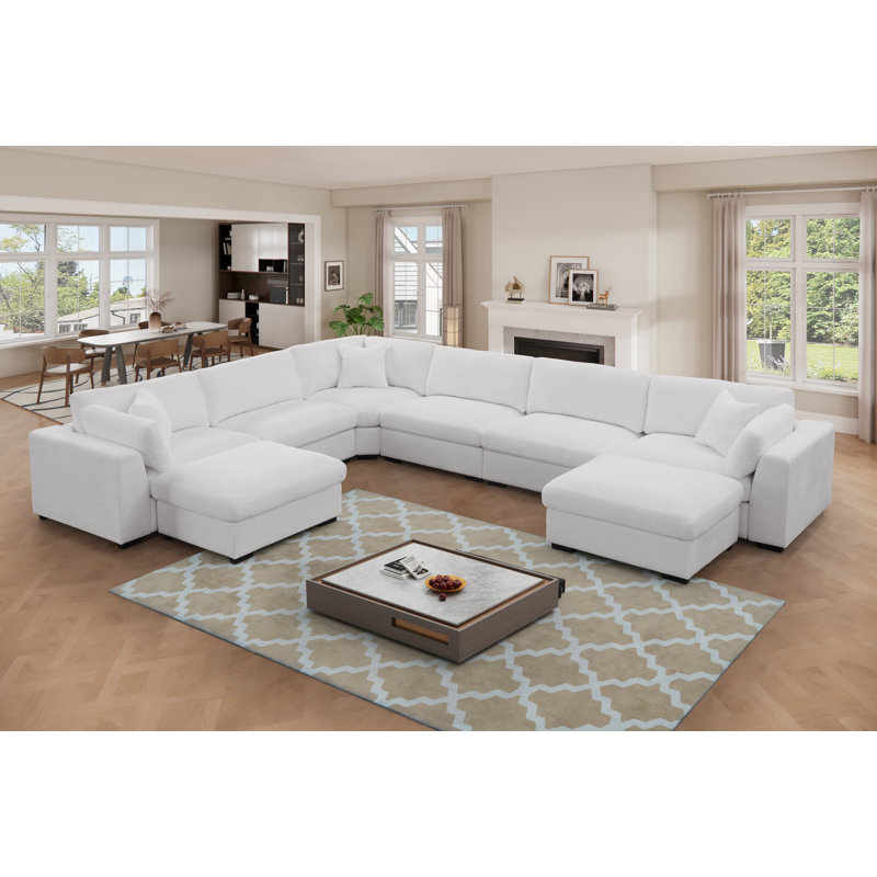 Upholstered Oversized 8 Seater Modular Sectional With Two Large Movable Ottomans, White Chenille