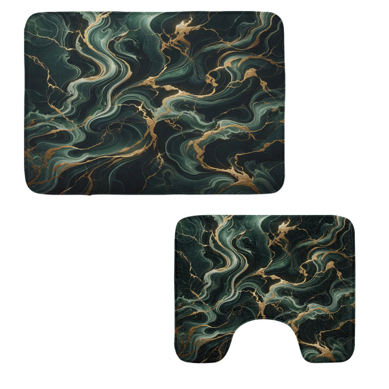  Dark Green Bathroom Rug Set 2 Pieces Rectangle & Contour Mats Emerald Sand Brown