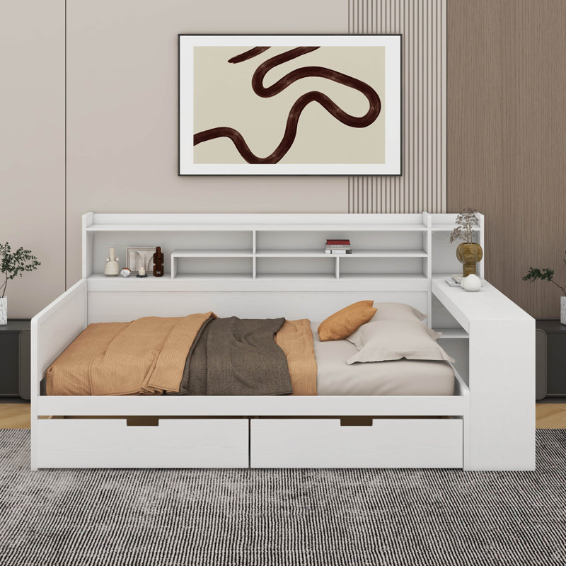 Wooden Daybed With Storage Shelves,Two Storage Drawers And Study Desk, Full / Double, Antique White