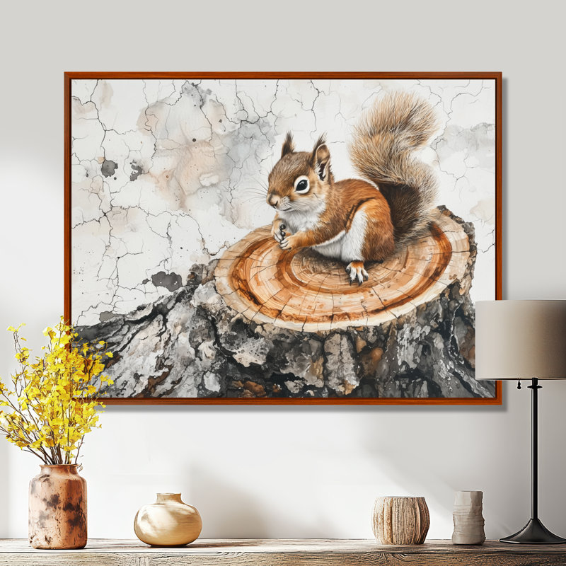 Angella, écureuil mignon sur une glissoire en bois, forêt IV - écureuil, art mural sur toile, H 16 po x l 32 po, Brun
