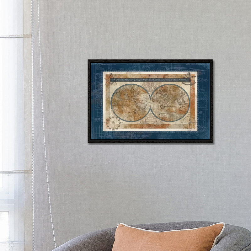 Blueprint Of The World by Carol Robinson - Print on Canvas, 66.04 cm H x 45.72 cm W, Black Framed Canvas