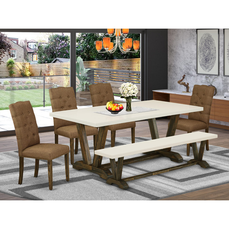 Ensemble de 6 pièces - Siège en tissu de lin beige brun, dossier capitonné à boutons, banc rectangulaire blanc en haut et table de salle à manger moderne avec pieds en bois massif - Finition jacobine patinée