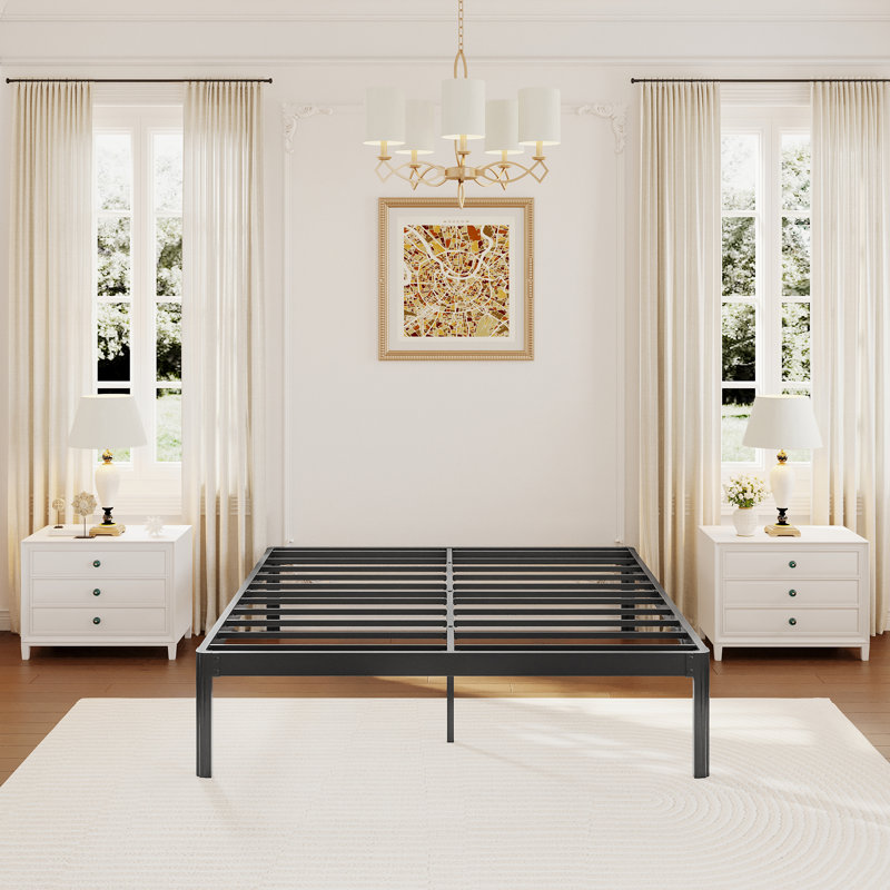 Oley 14 Inch Heavy Duty Metal Platform Bed Frame, Four Round-Corner Legs, Robust Steel, Noise Free, Queen