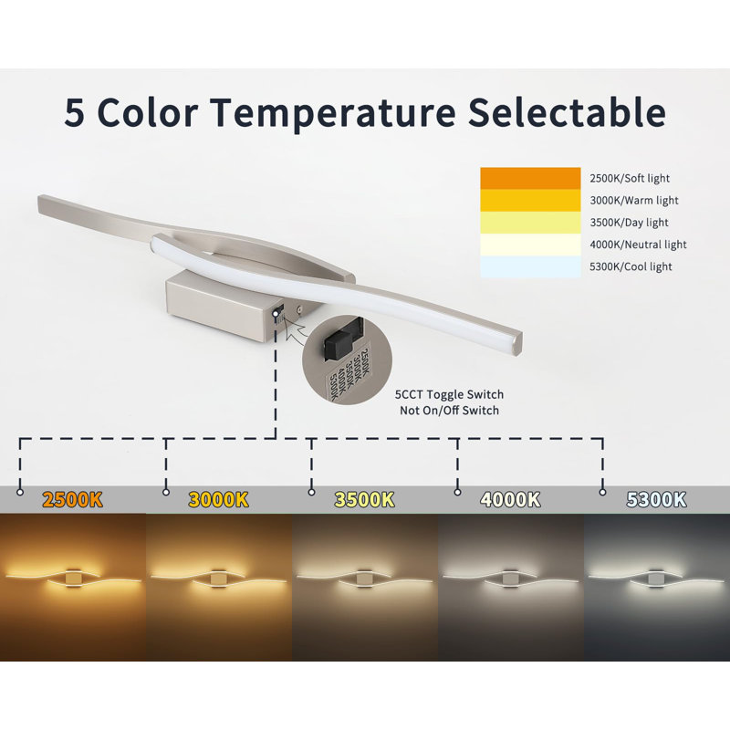 Luminaire de salle de bain moderne à DEL à intensité variable avec 5 températures de couleur réglables, Nickel brossé