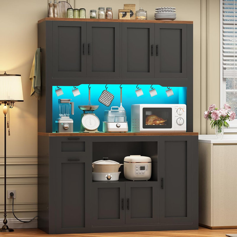71" Kitchen Hutch Storage Cabinet Pantry Cabinet With Charging Station And Led Light, Black