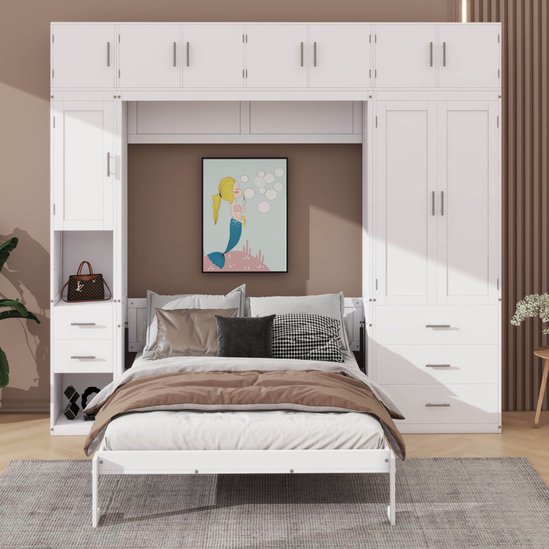Lit escamotable avec rangement et garde-robe, Lit double