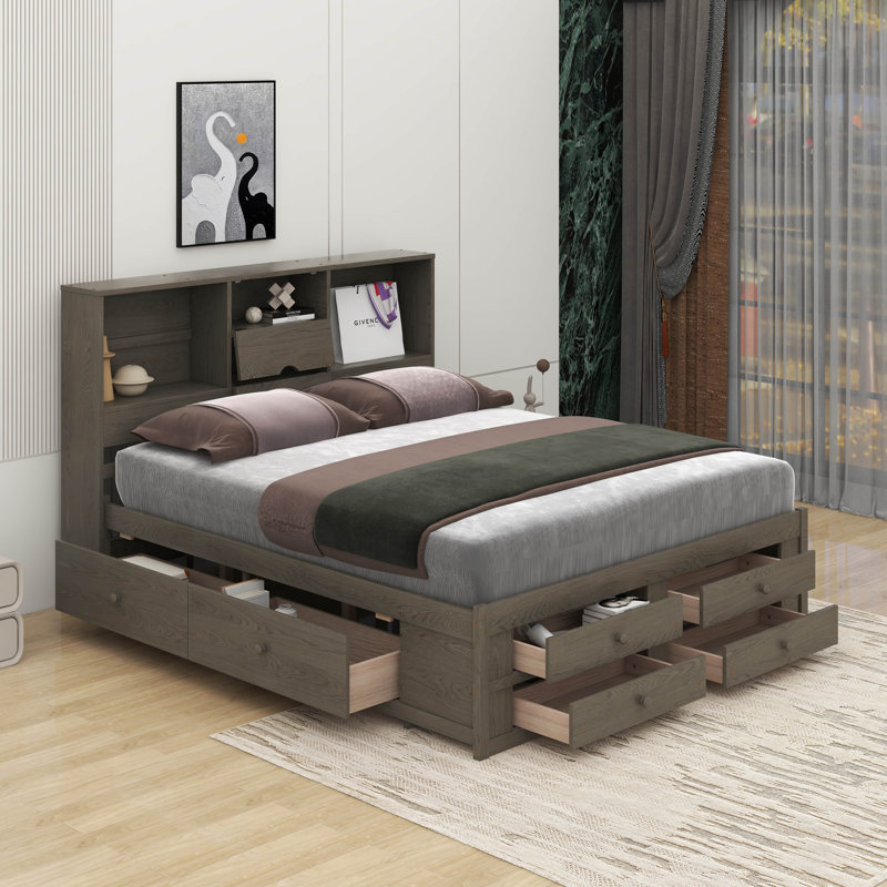 Grand lit plateforme avec tiroirs, Gris