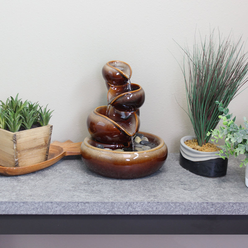 Brown Ceramic Tiered Tabletop Fountain with Decorative Stones
