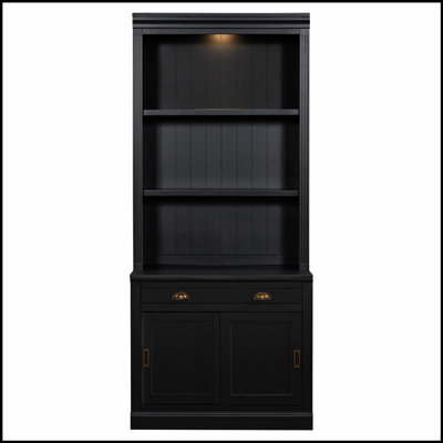 Bibliothèque de 83,4 pouces de hauteur avec 3 lumières DEL, portes coulissantes modernes et tablettes ouvertes pour le rangement du salon et du bureau personnel