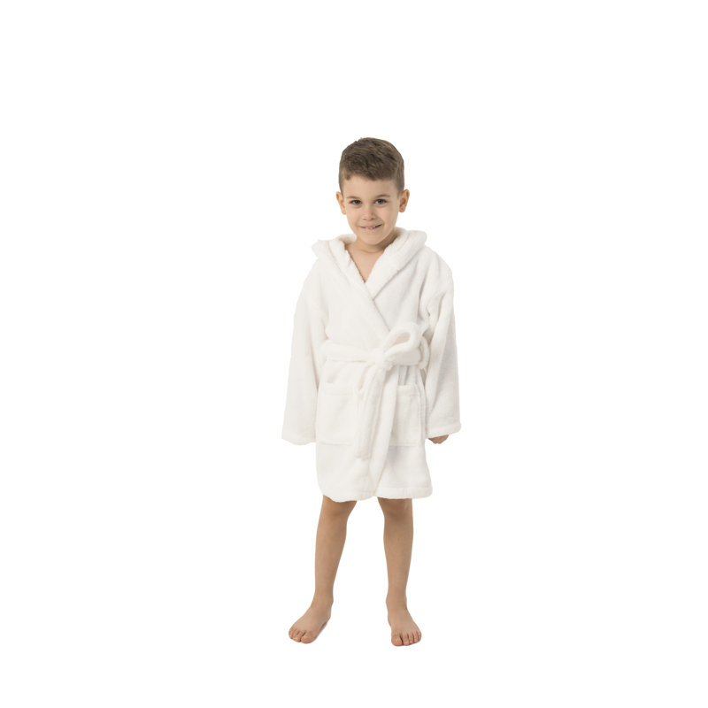 Peignoir 100% microfibre en molleton avec poches et capuche pour les enfants, Blanc, S