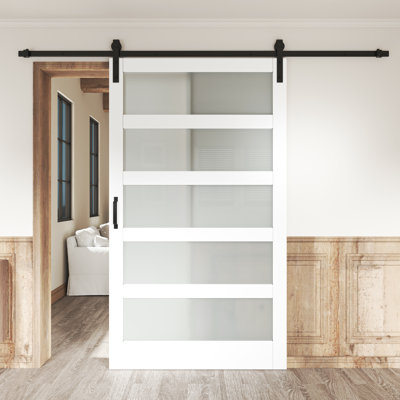 5 Lites Frosted Glass Sliding Barn Door White Primer Surface MDF+Solid Wood with Hardware Kit