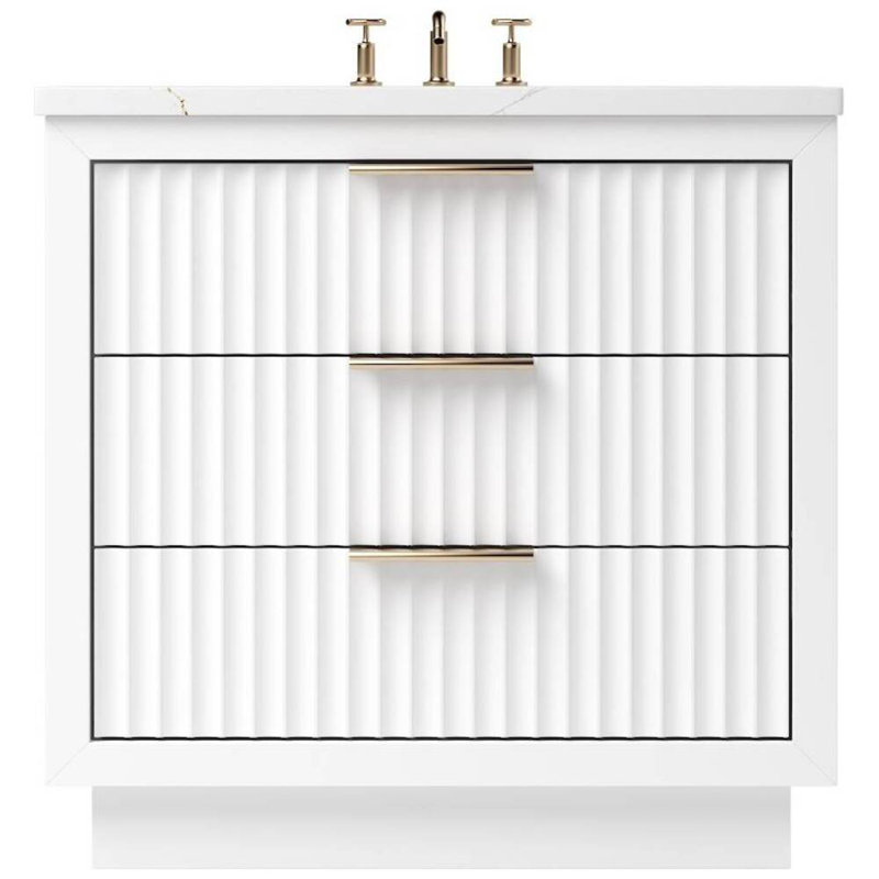 Meuble-lavabo simple à trois tiroirs Lecrieú, Blanc pur, Or rose, 30"