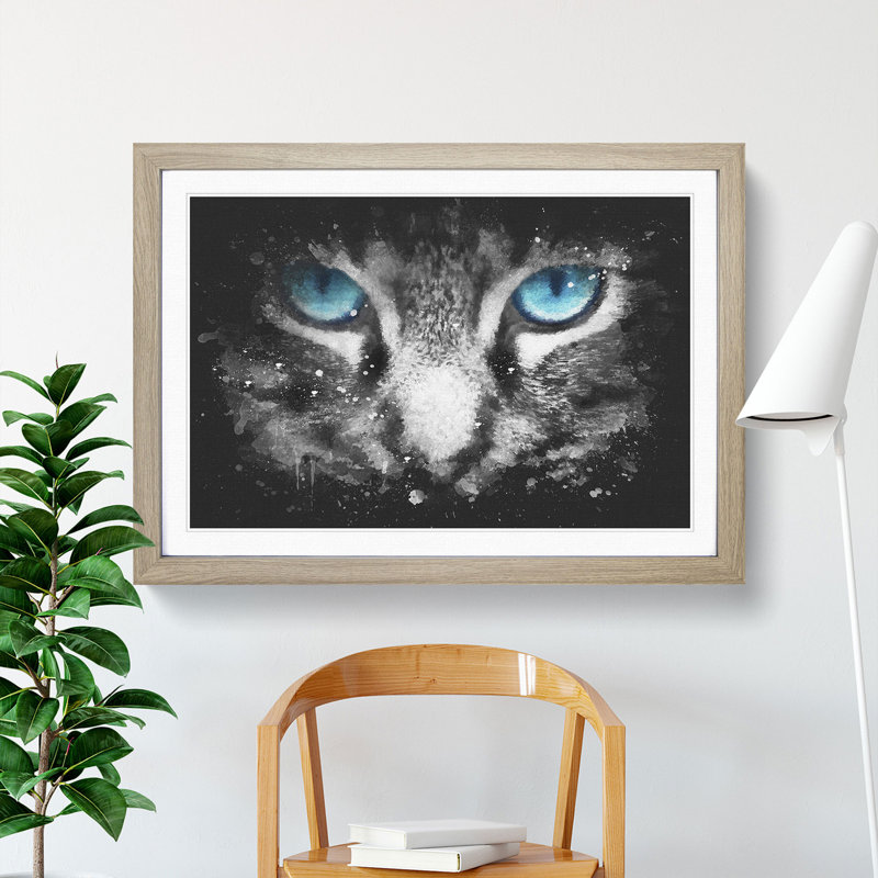Bright Blue Cat Eyes - Picture Frame Painting Print, Oak Framed, 45cm H x 63cm W x 2cm D