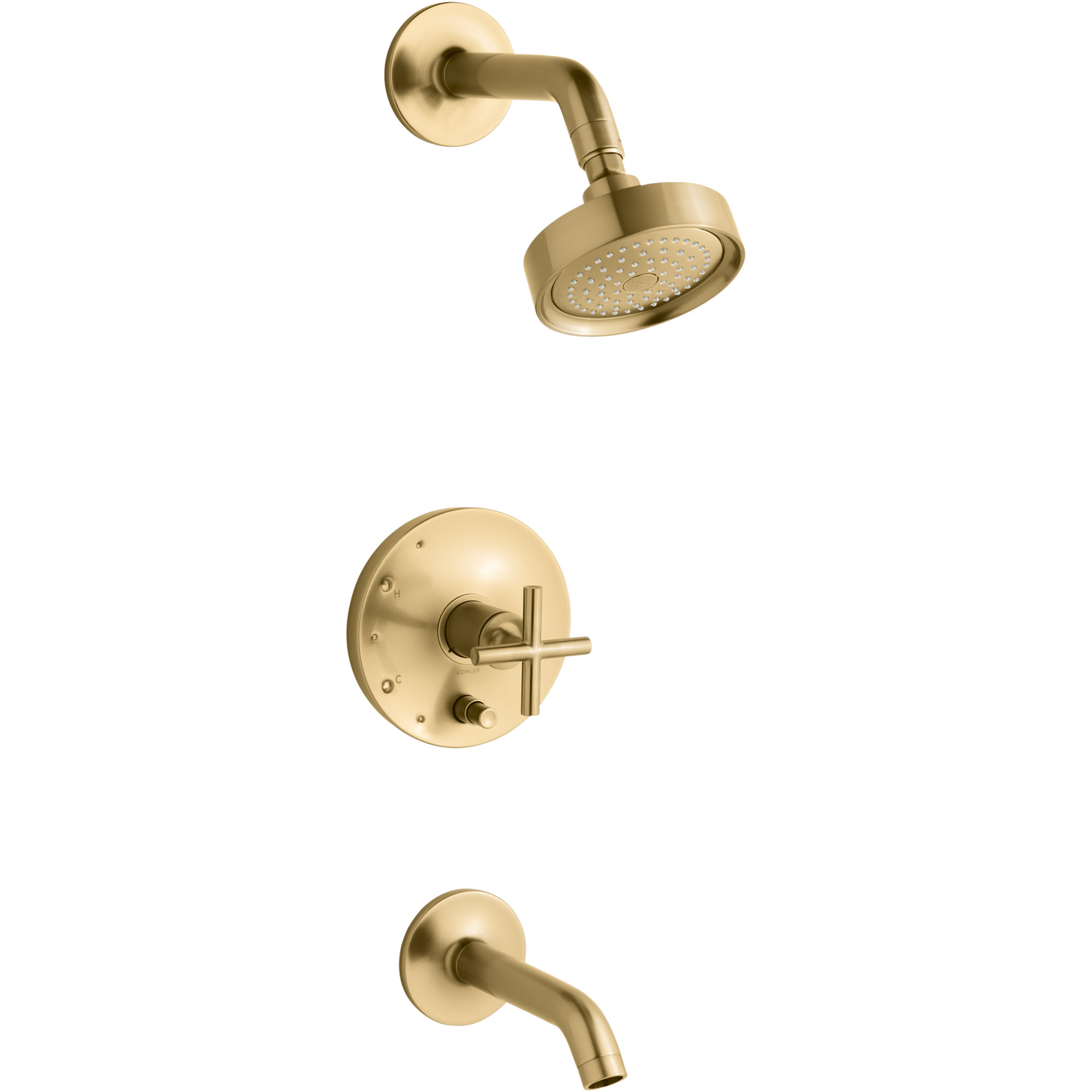 Purist Pressure-Balancing Thermostatic Tub and Shower Faucet, Vibrant Brushed Moderne Brass, Cross Handle, 2.5 GPM