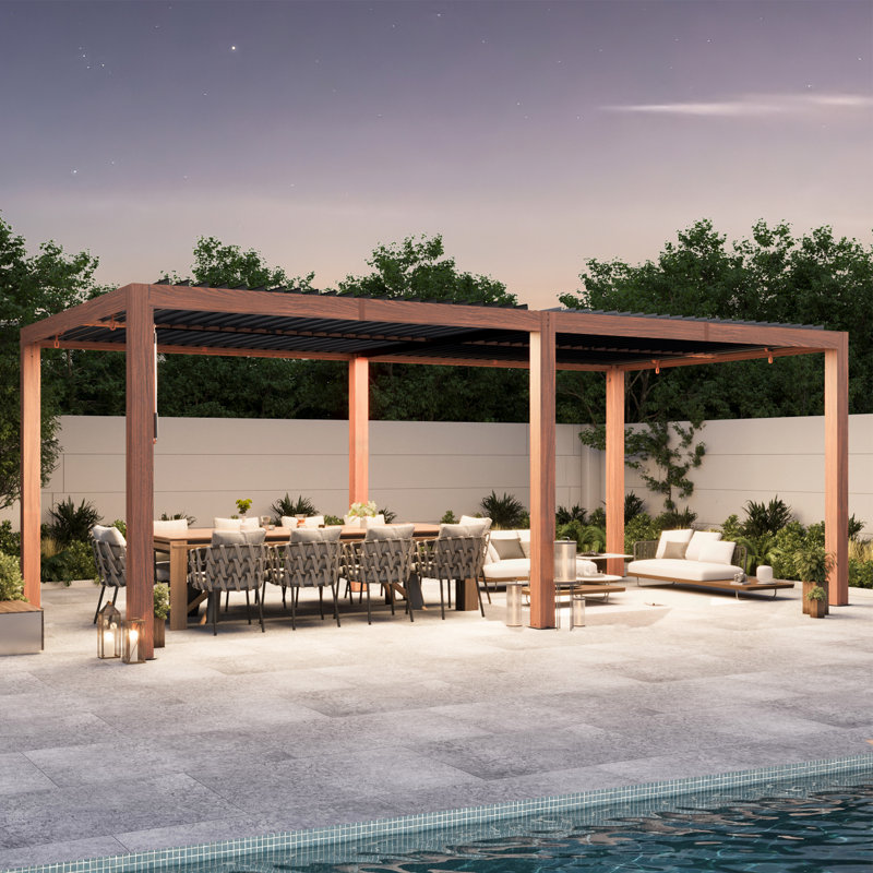Pergola à persiennes 10 ‘X 20 'Aurora avec double couche réglable, gouttière intégrée et prise de charge USB, 10" W x 20" D