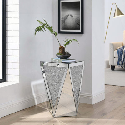 Table basse inversée triangulaire en miroir avec incrustations de diamants en cristal