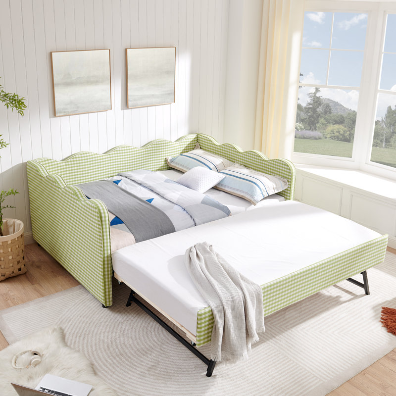 Helin Preppy Style Linen Upholstered Daybed with Trundle, USB Port & Wave-Shaped Back, Green, Full