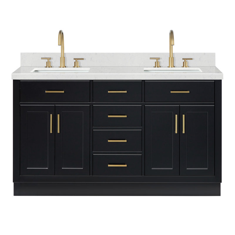 Meuble-lavabo double en bois massif Thornaby avec plateau en quartz Carrara de 1,5 po, Forme rectangulaire
