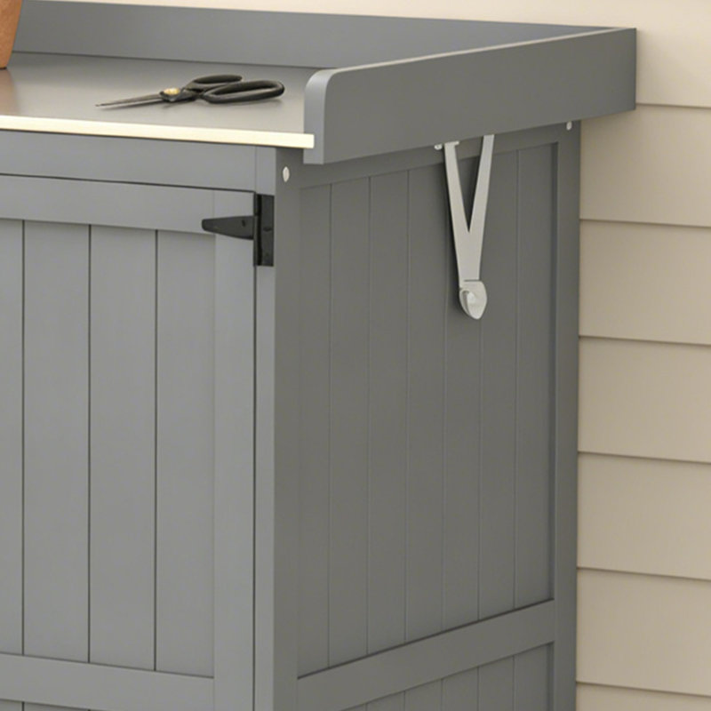 Wooden Potting Bench With 2 Doors,Outdoor Storage Cabinet,Garden Tool Shed With Metal Tabletop And Shelf, Gray