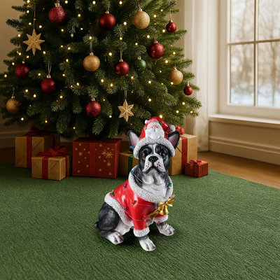Christmas French Bulldog Statue, Holiday Dog Figurine in Santa Outfit