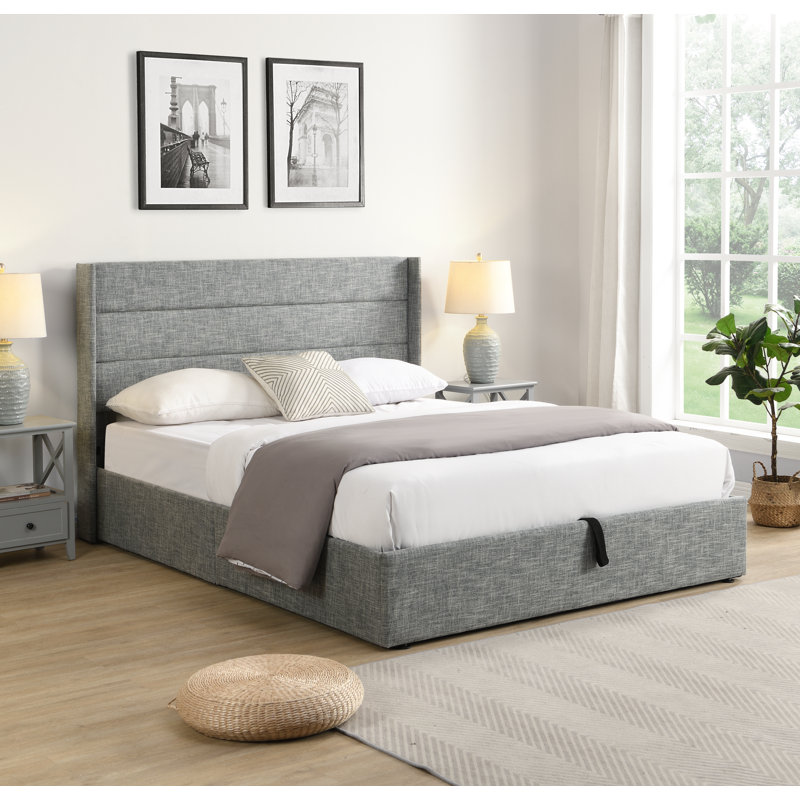 Lit plateforme tapissier avec lit de rangement relevable hydraulique, tête de lit à oreilles capitonnée, cadre de lit moderne, gris, grand