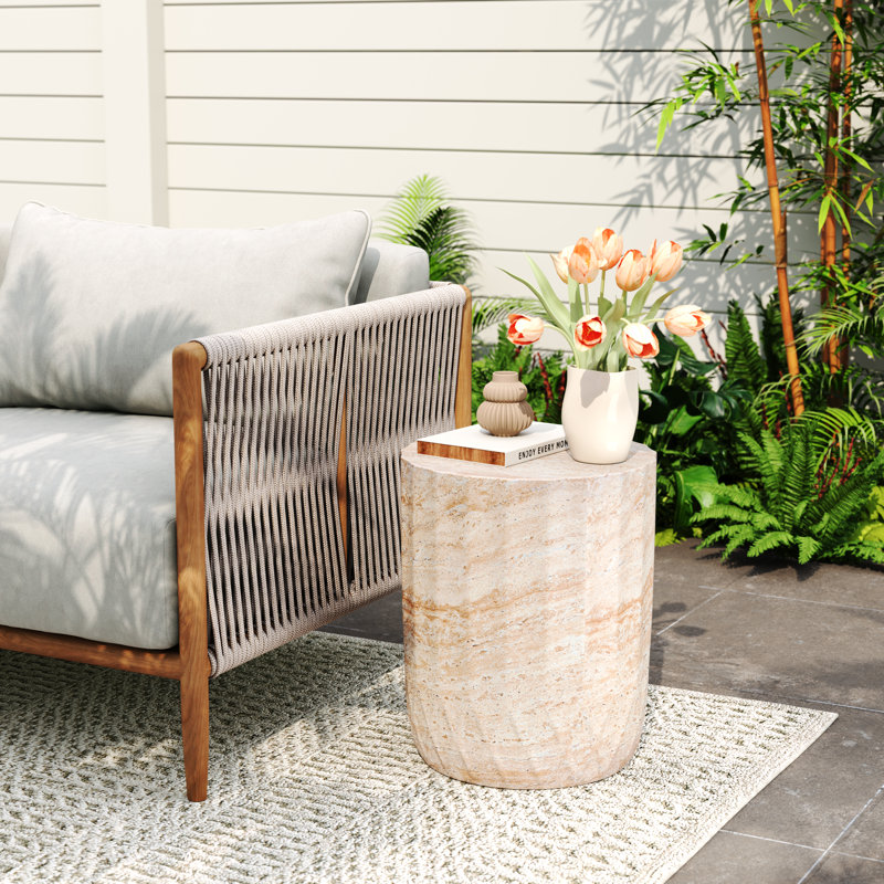 Round Outdoor Side Table , 15'' in. W 15'' in. D, Travertine